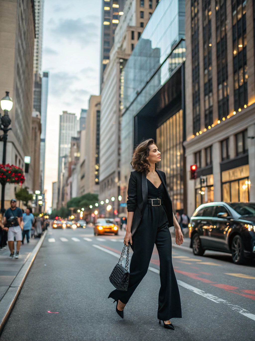 Day to night coordinated outfit featuring structured blazer and bright shift dress